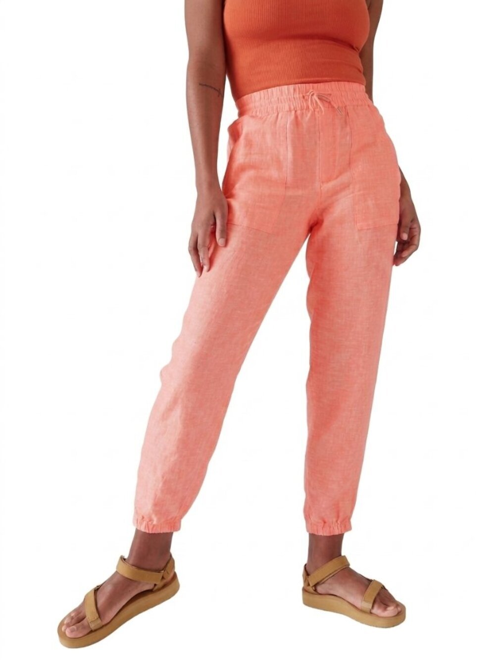 100% Linen Jogger Pants Athleta Retreat Size 8 Coral Sunset Glow Zip Pockets